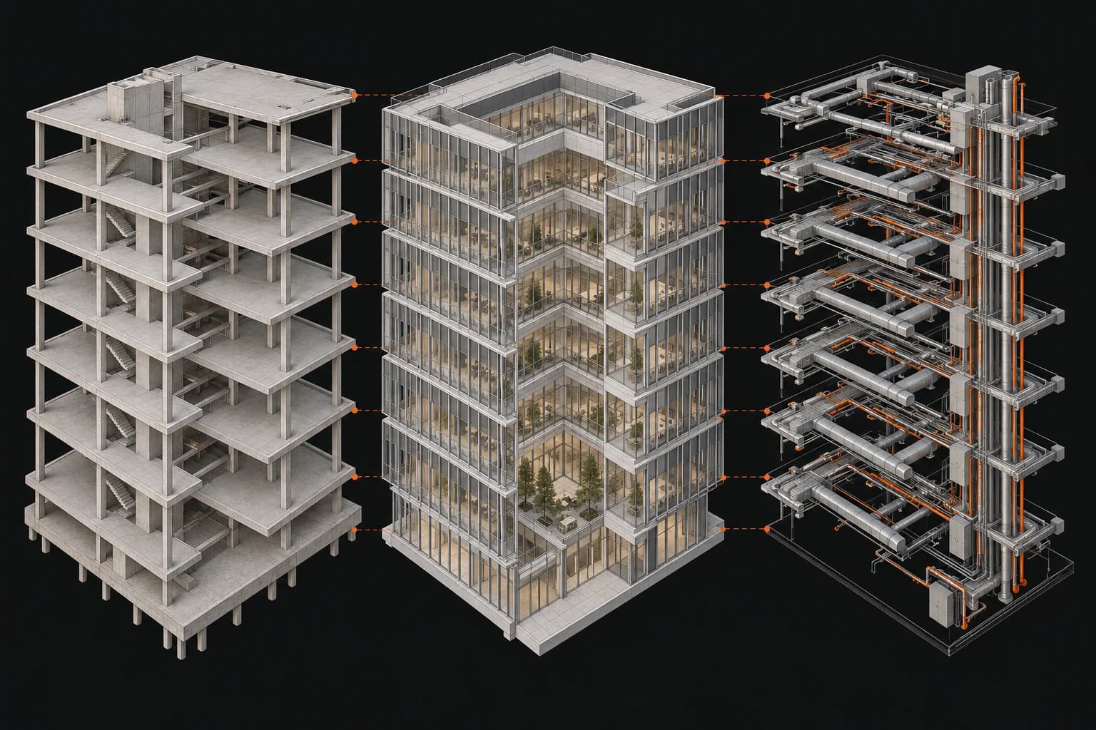 Conceptual structural frame, architectural envelope and building services shown separately