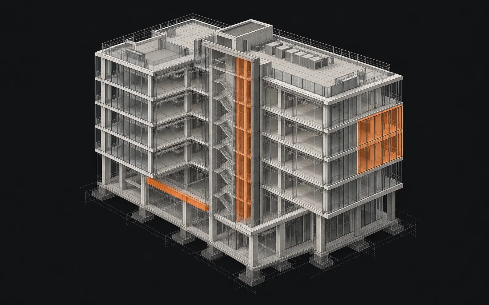 Conceptual axonometric building model with selected information highlighted in orange